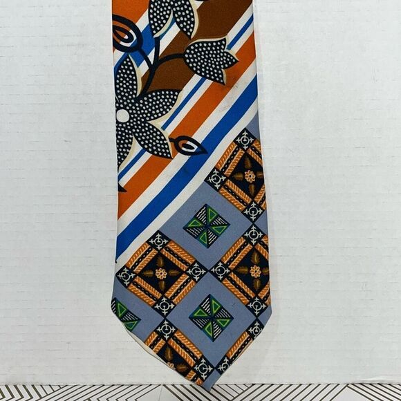Marshall Field & Company Mens Geometric Floral Print Neck Tie Orange Black Blue - Picture 1 of 6